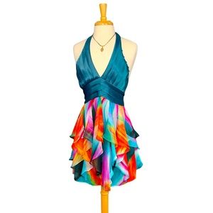 💰SOLD💰Sharon Couture Halter Peacock Mini Dress